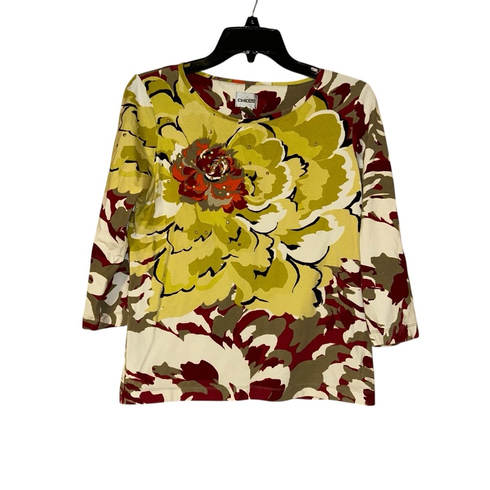 Chico’s (1) Vtg Floral Embellished Top Medium Yellow Red 3/4 Sleeve Blouse